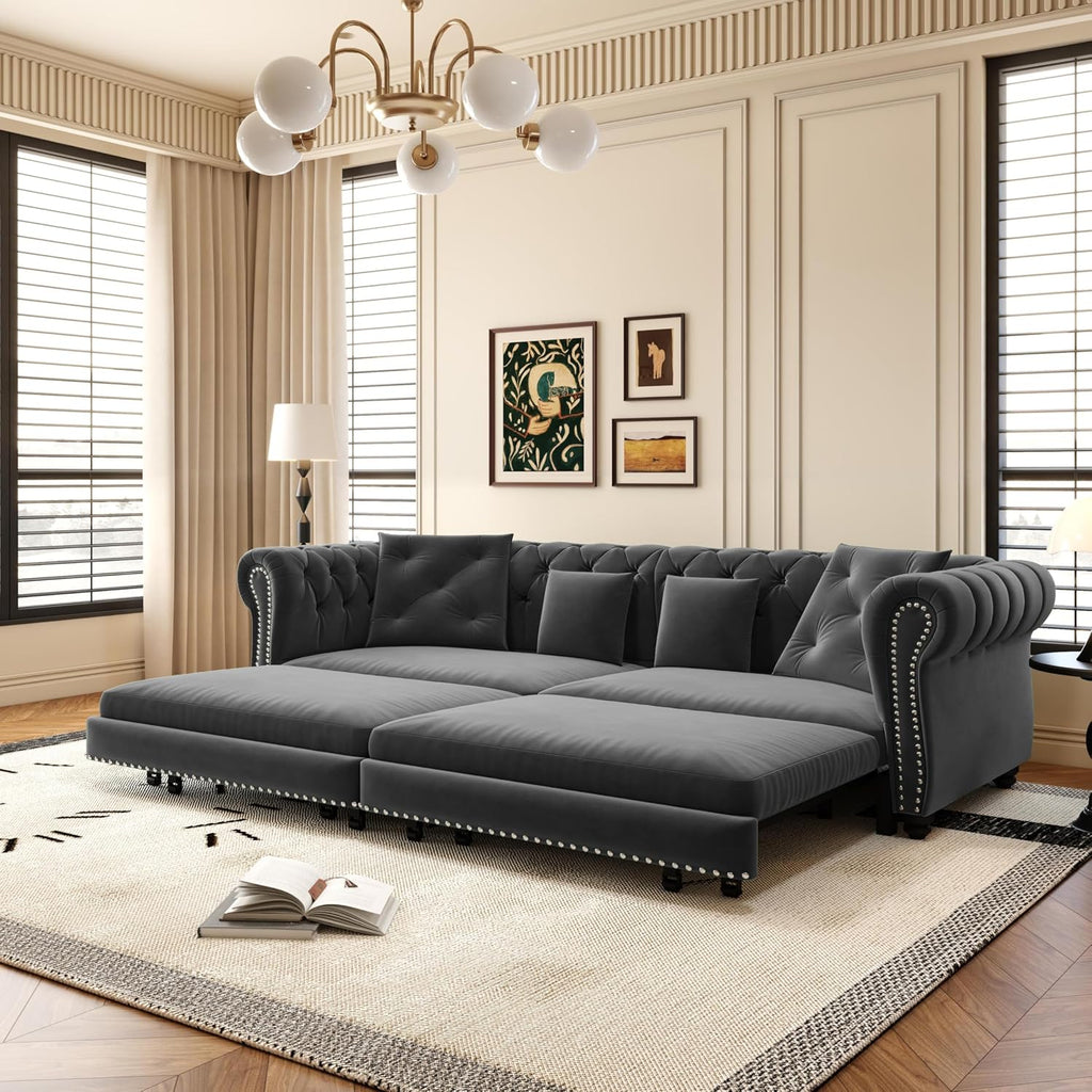 89" King Size Sleeper Sofa Bed, 3-In-1 Convertible Pull Out Chesterfield Sleeper Couch with Ottoman, Oversized Velvet Button Tufted L Shaped Sofa for Living Room Small Spaces, Grey