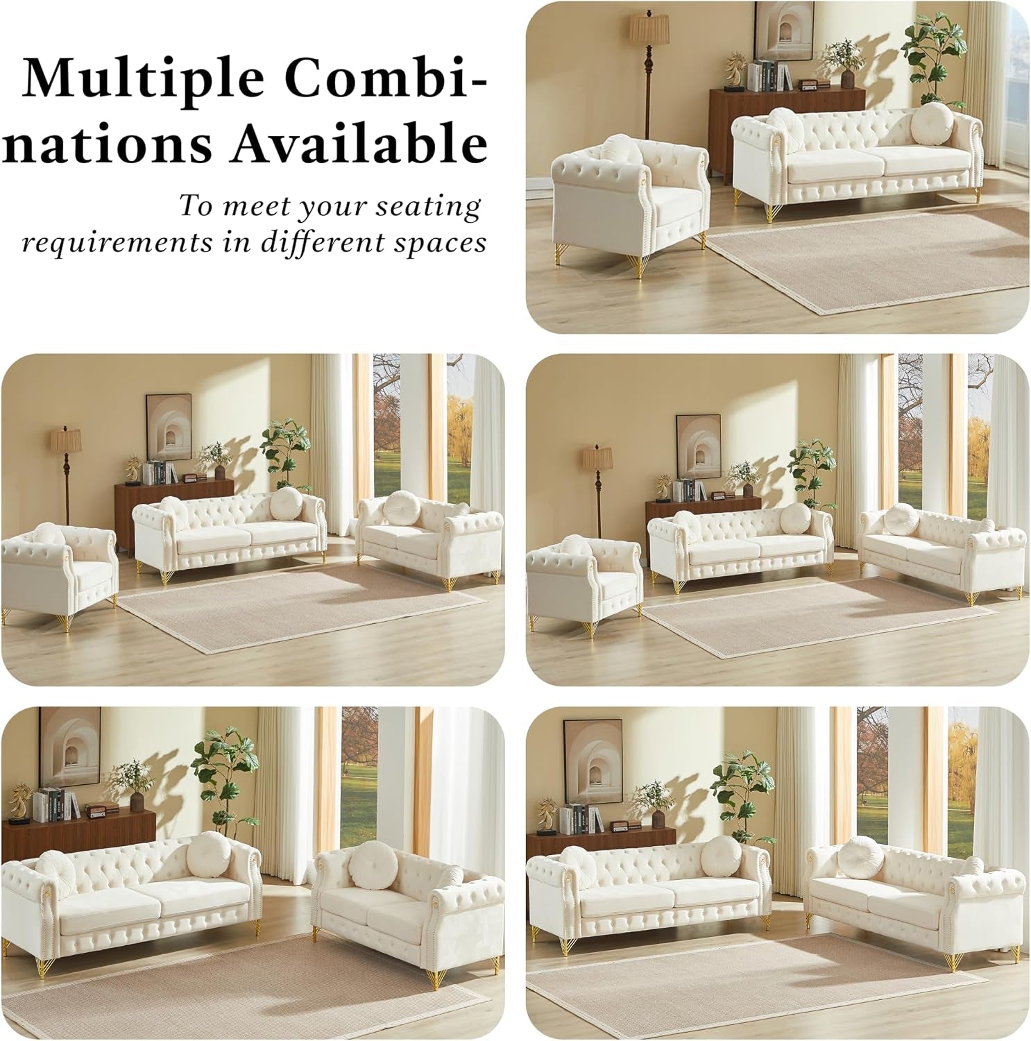 2 Pieces Velvet Chesterfield 82" 3-Seater and 61" Loveseat Sofa Sets with Two Pillows, Featuring Copper Stud Detailing (Beige, 2 Pieces 82" 3-Seater and 61" Loveseat Sofa Sets)