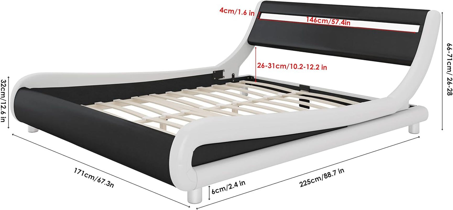 Upholstered Queen LED Bed Frame with Headboard, Modern Low Profile Platform Bed with Strong Slats Support, Faux Leather Wave-Like Bed Frame, Easy Assembly, No Box Spring Needed, Blackwhite