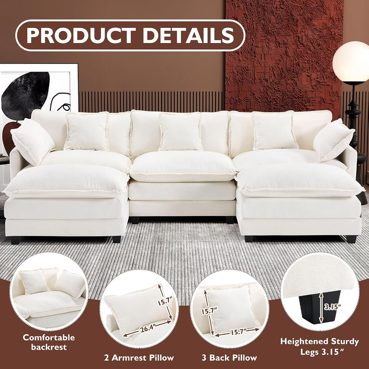 111.4" U Shaped Cloud Couch Modern Modular Sectional Sofa with 2 Ottoman, 5-Seat Chenille Deep Seat Sofa with 5 Pillows for Living Room, Bedroom and Apartment, Beige