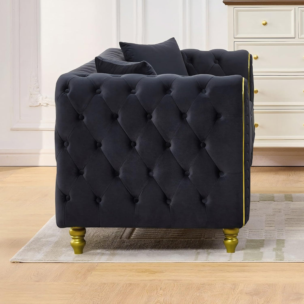 Velvet Chesterfield Button Tufted Sofa Set, 2 Pcs Modern 3 Seater Couch with Golden Legs & High-Density Cushion, Upholstered Comfy Sofa with Pillows for Living Room, Black
