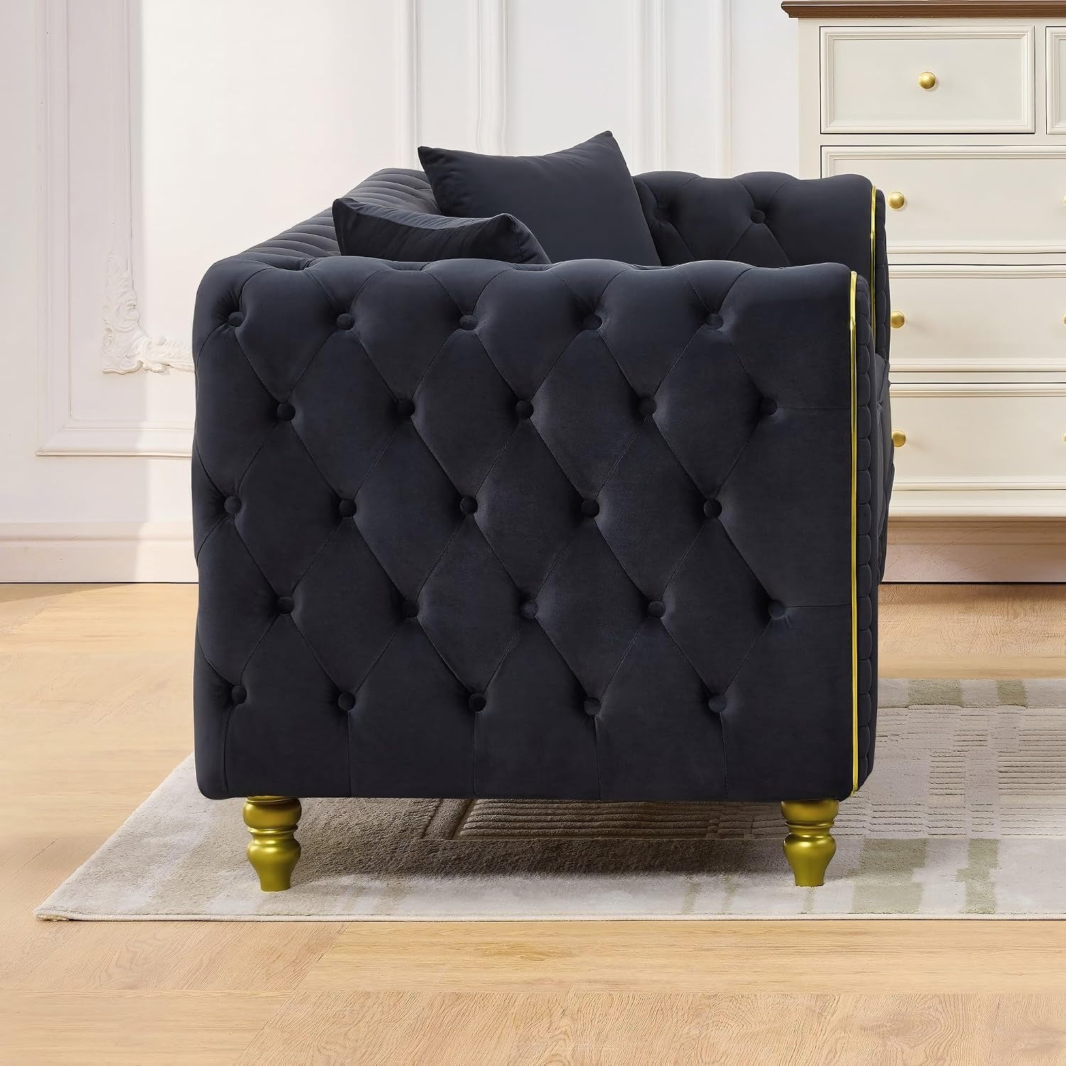 Velvet Chesterfield Button Tufted Sofa Set, 2 Pcs Modern 3 Seater Couch with Golden Legs & High-Density Cushion, Upholstered Comfy Sofa with Pillows for Living Room, Black