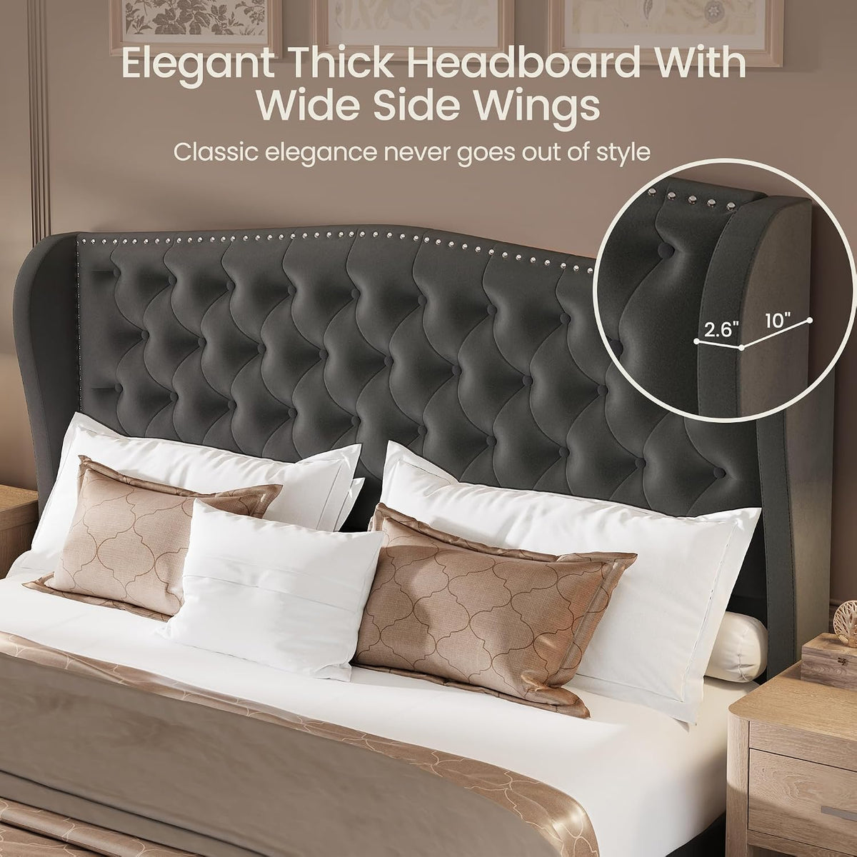 Queen Size Bed Frame Velvet Upholstered Platform Bed with Wingback Headboard & Footbaord, Deep Button Tufted Bed Frame with Wood Slats Support, No Box Spring Needed, Grey