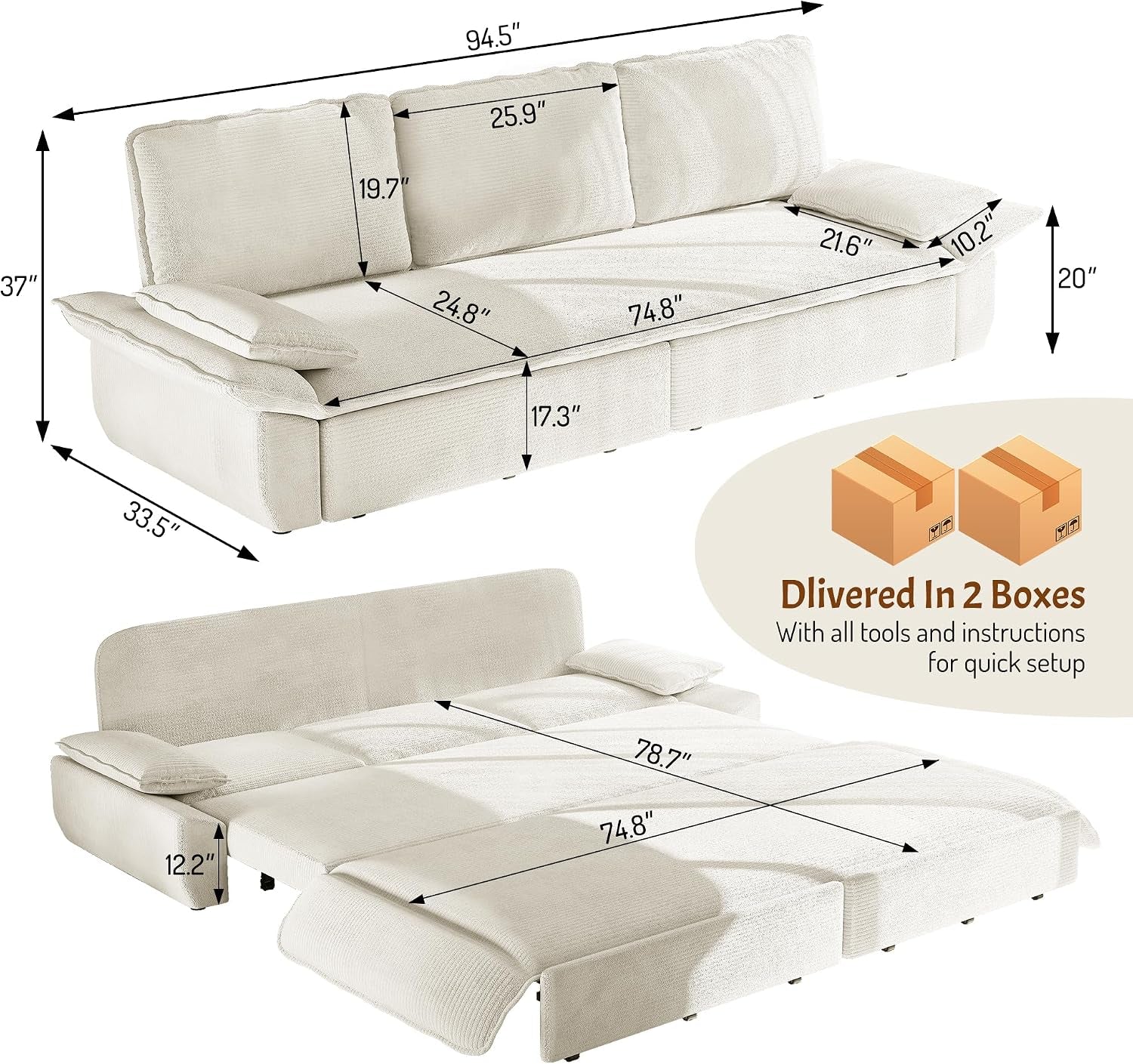 94.5" King-Size 3-In-1 Convertible Sleeper Sofa, Oversized Pull-Out Couch with Cloud-Style Deep Seat, Corduroy Reclining Loveseat for Home Theater & Family Living