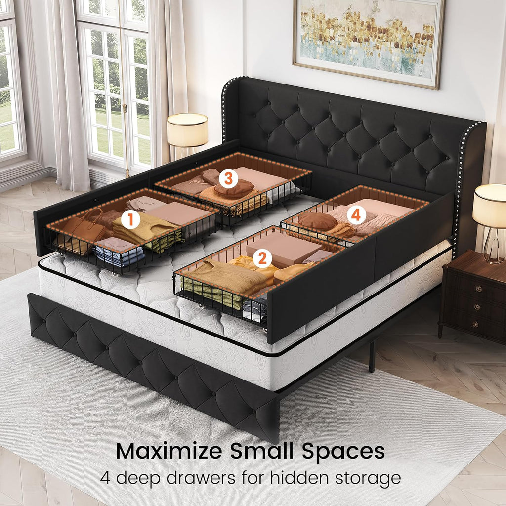 Queen Size Bed Frame with 4 Storage Drawers and 47.2" Tall Wingback Headboard Upholstered Platform Beds Velvet Tufted Bed Frame with Wooden Slats Support, Easy Assembly, Black