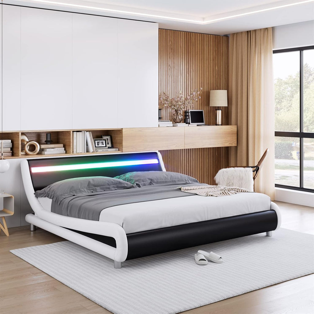 Upholstered Queen LED Bed Frame with Headboard, Modern Low Profile Platform Bed with Strong Slats Support, Faux Leather Wave-Like Bed Frame, Easy Assembly, No Box Spring Needed, Blackwhite