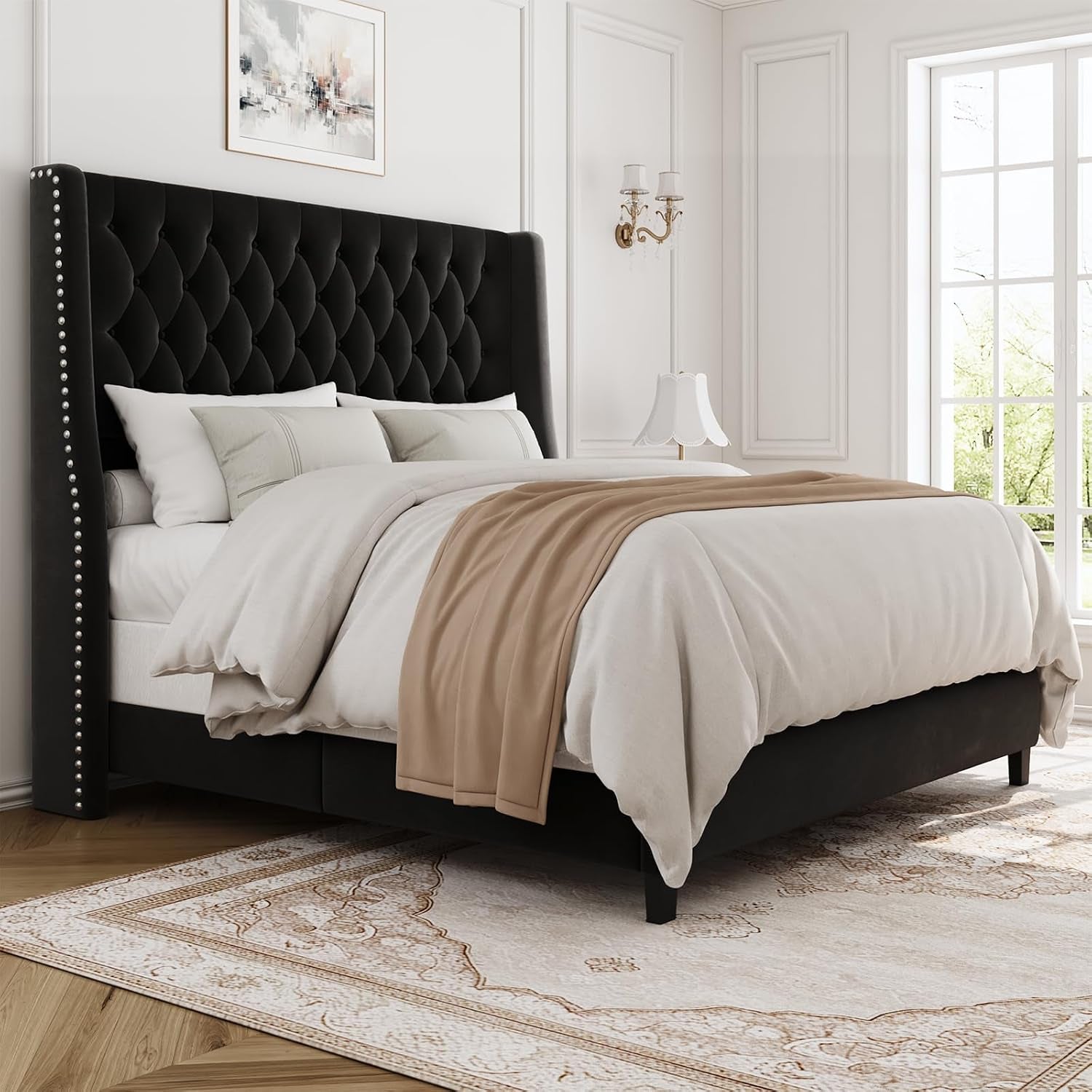 Queen Upholstered Bed Frame, 55.4'' Tall Headboard with Wingback
