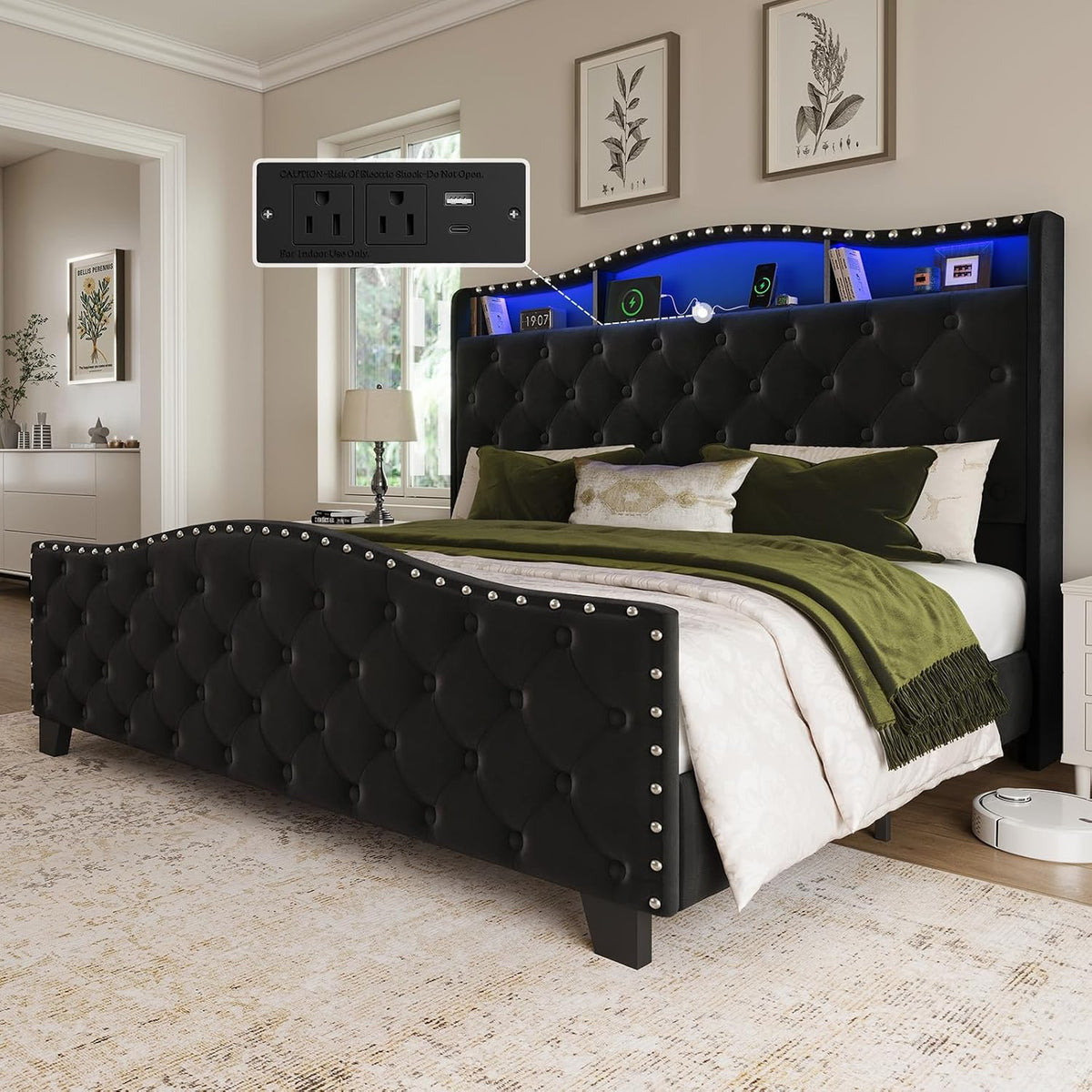 Platform Bed Frame with 50.9" LED Headboard, Queen Black
