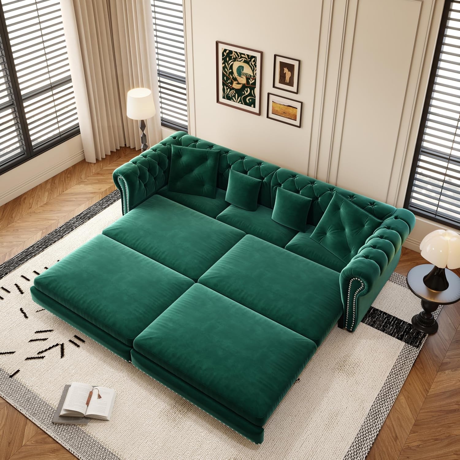 89" King Size Sleeper Sofa Bed, 3-In-1 Convertible Pull Out Chesterfield Sleeper Couch with Ottoman, Oversized Velvet Button Tufted L Shaped Sofa for Living Room Small Spaces (Green)