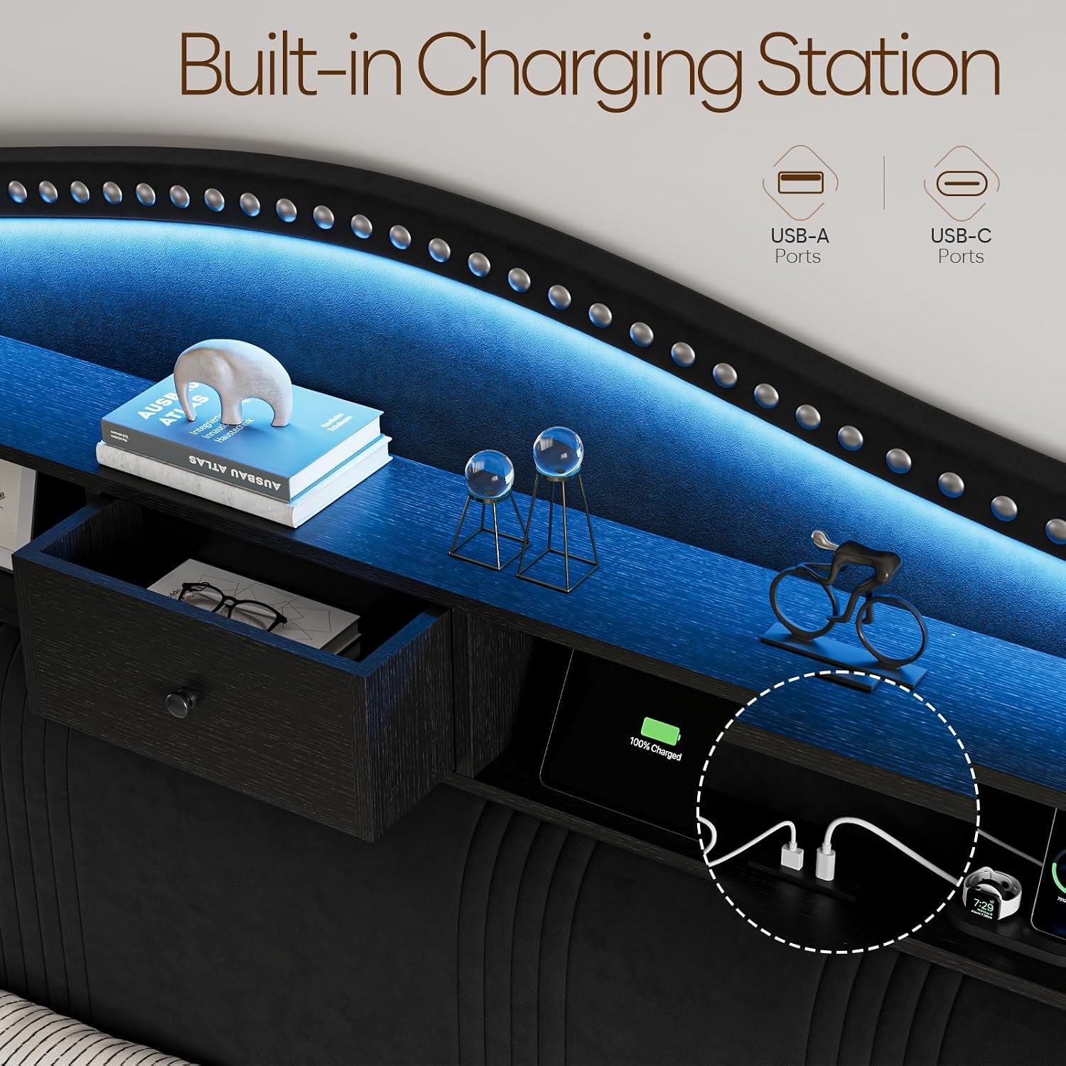 51.5" Queen Size Bed Frame with Headboard and Storage | Velvet Upholstered Bed Frame with LED Lights & Charging Station | No Box Spring Needed Tall Footboard Black