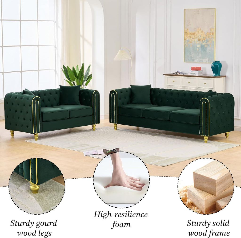 Chesterfield 86" 3-Seater + 63" Loveseat Green Velvet Sofa Sets, 3+2-Seater Couch Comfy Sofa, Button Tufted Rolled Arms and Gold Legs (Green, 2 Piece 86" 3-Seater + 63" Loveseat Sofa, Velvet)