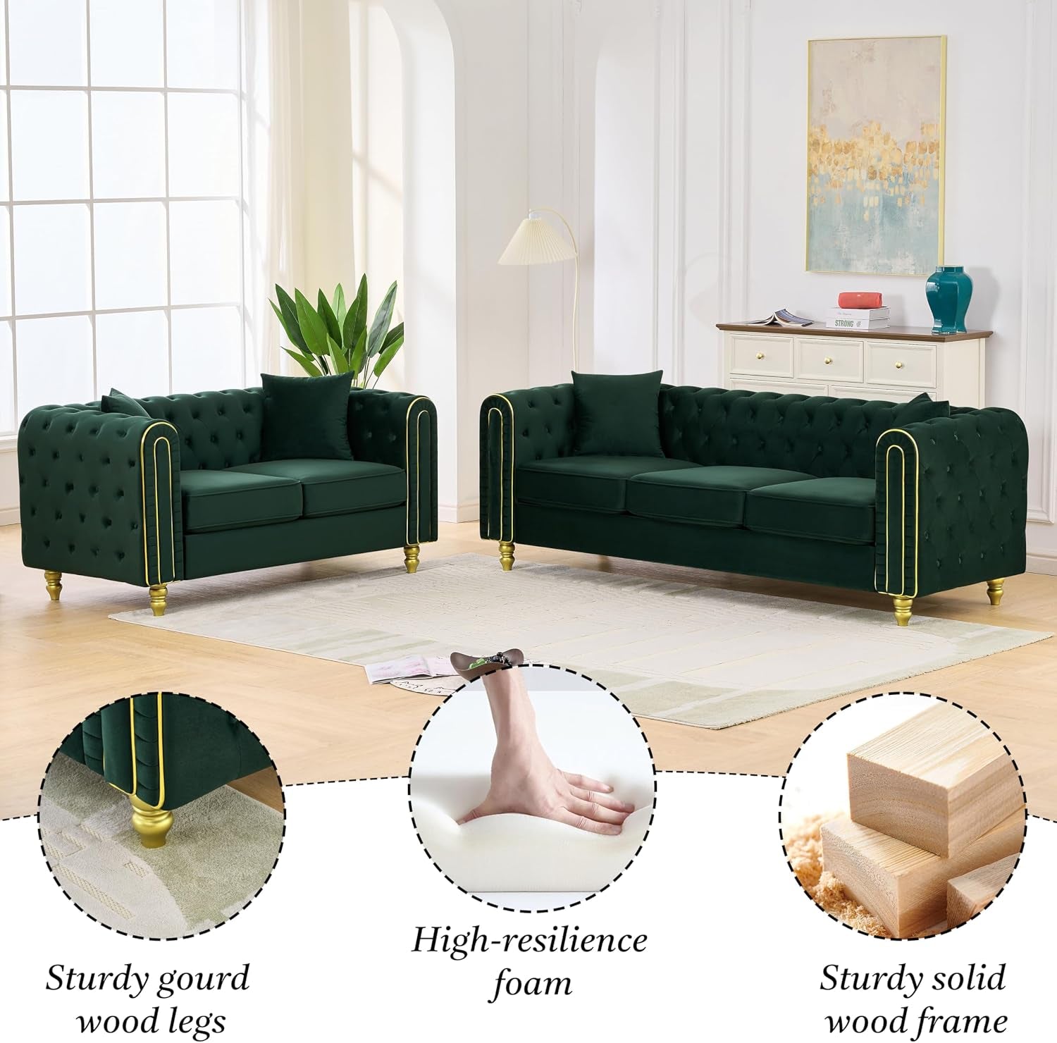 Chesterfield 86" 3-Seater + 63" Loveseat Green Velvet Sofa Sets, 3+2-Seater Couch Comfy Sofa, Button Tufted Rolled Arms and Gold Legs (Green, 2 Piece 86" 3-Seater + 63" Loveseat Sofa, Velvet)