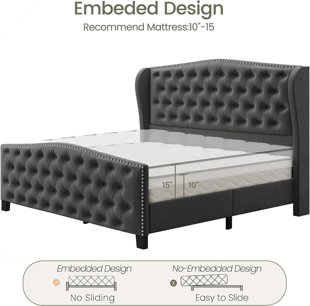 Queen Size Bed Frame Velvet Upholstered Platform Bed with Wingback Headboard & Footbaord, Deep Button Tufted Bed Frame with Wood Slats Support, No Box Spring Needed, Grey