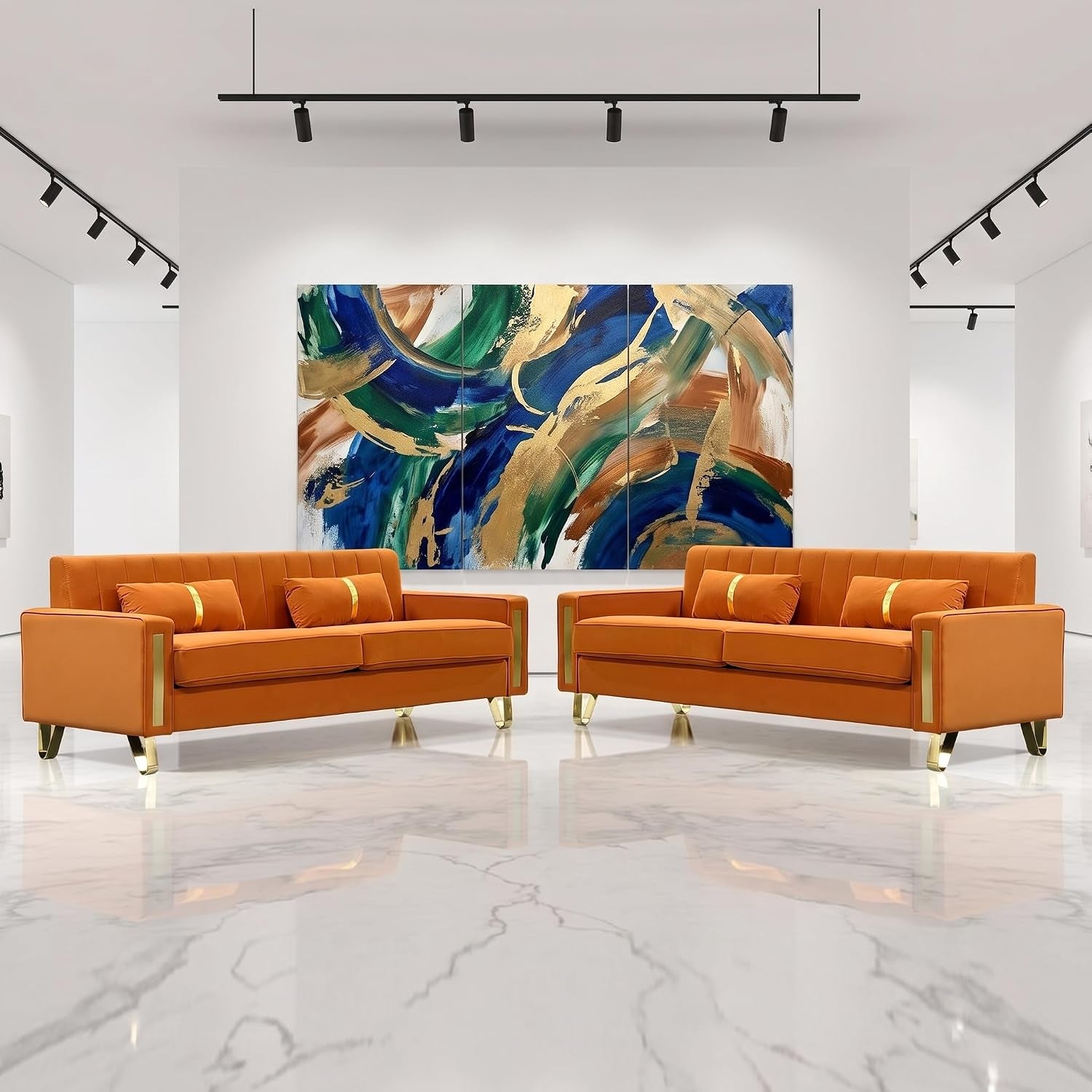 Loveseat Sofa for Living Room Set of 2, 2 Pcs 86" 3-Seater Velvet Sofa Couch with 2 Pillows & Gold Metal Legs, Modern Upholstered Sectional Love Seat Couch Set for Bedroom Apartment Home Office Orange