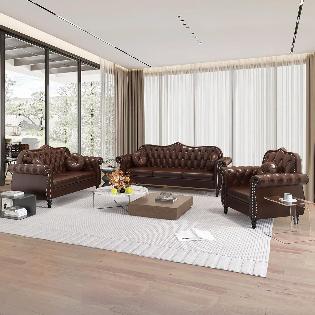 Chesterfield 3-Piece Living Room Sectional Sofa Set, Mid-Century Modern Upholstered PU Couch, Classic Tufted Button Sofa with Nailhead Trim for Living Room, Office (Brown)