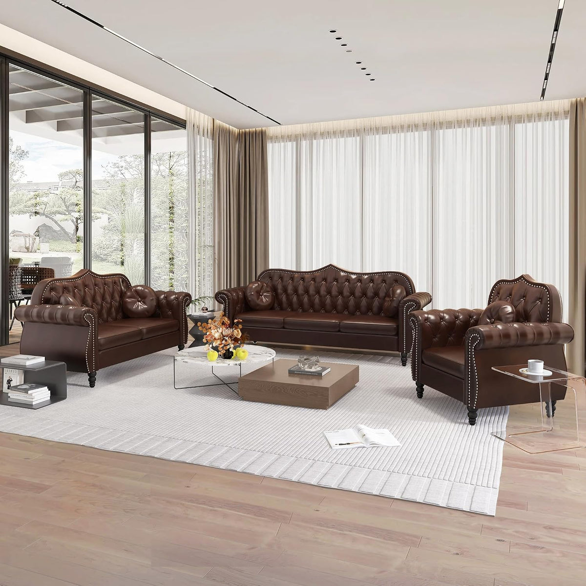 Chesterfield 3-Piece Living Room Sectional Sofa Set, Mid-Century Modern Upholstered PU Couch, Classic Tufted Button Sofa with Nailhead Trim for Living Room, Office (Brown)