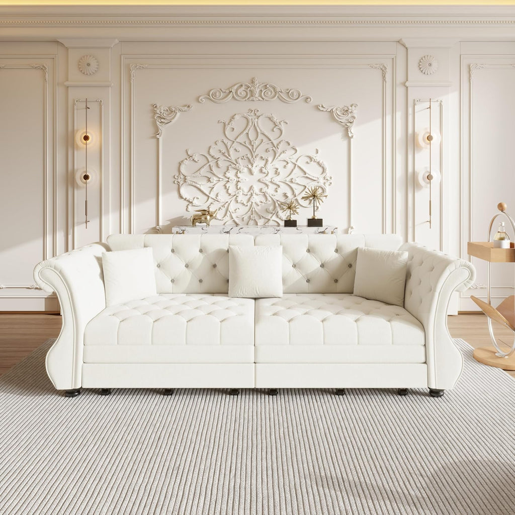 Sleeper Sofa Bed 100", Velvet Pull Out Couch, Flower Tufted Sofa, Beige