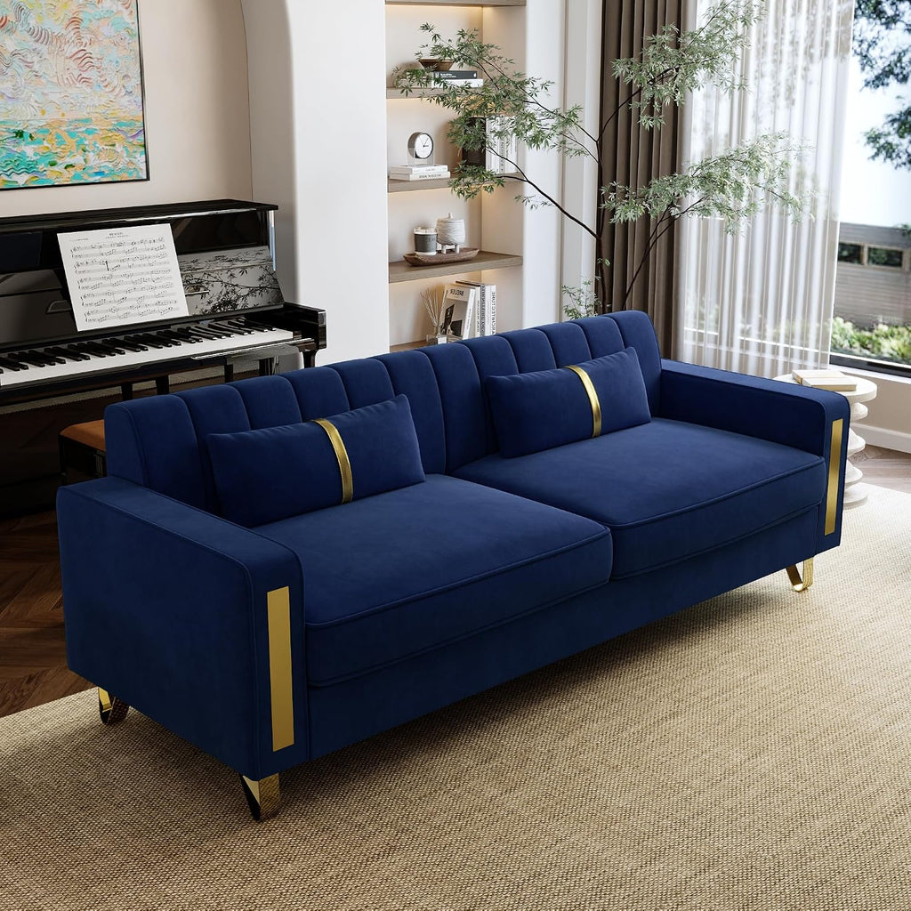 Loveseat Sofa for Living Room Set of 2, 2 Pcs 86" 3-Seater Velvet Sofa Couch with 2 Pillows & Gold Metal Legs, Modern Upholstered Sectional Love Seat Couch Set for Bedroom Apartment Home Office Blue