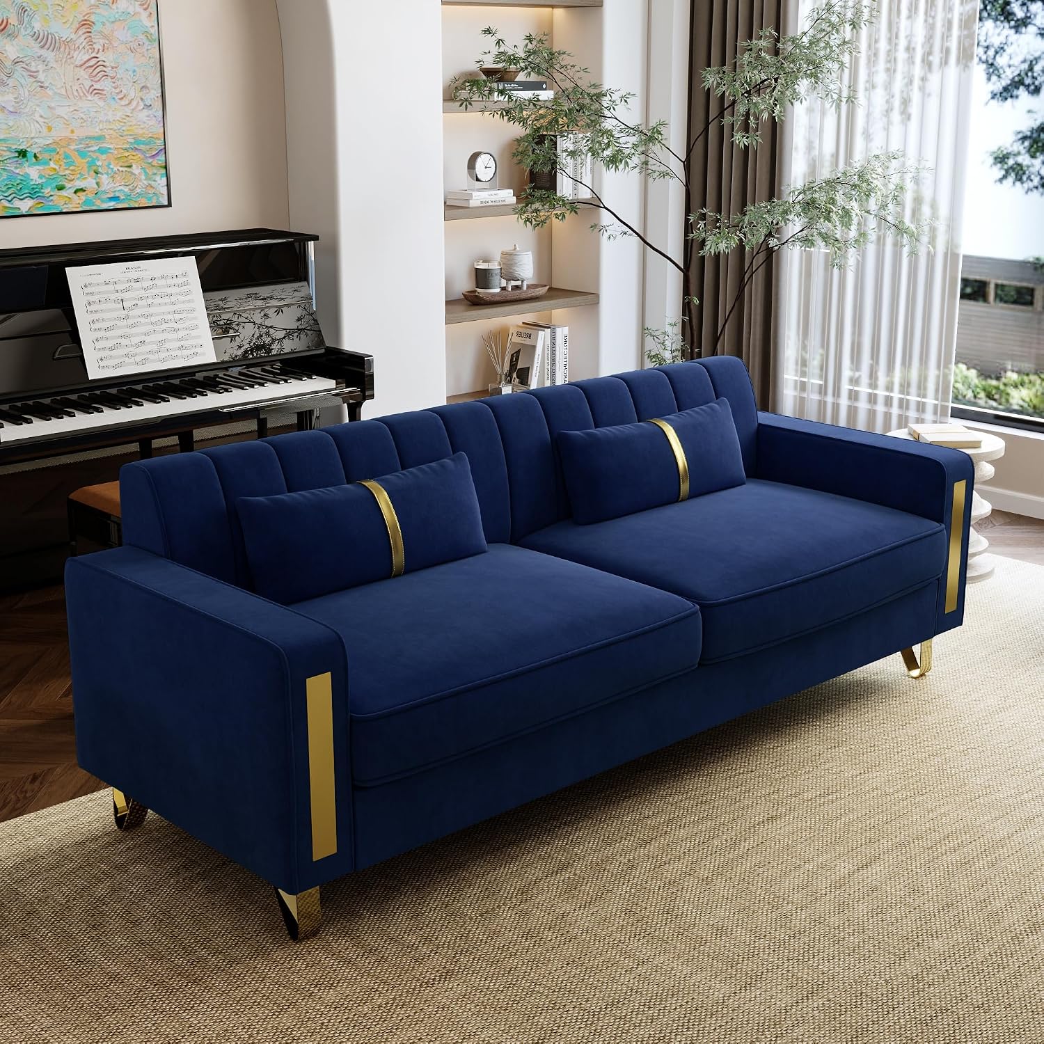 Loveseat Sofa for Living Room Set of 2, 2 Pcs 86" 3-Seater Velvet Sofa Couch with 2 Pillows & Gold Metal Legs, Modern Upholstered Sectional Love Seat Couch Set for Bedroom Apartment Home Office Blue