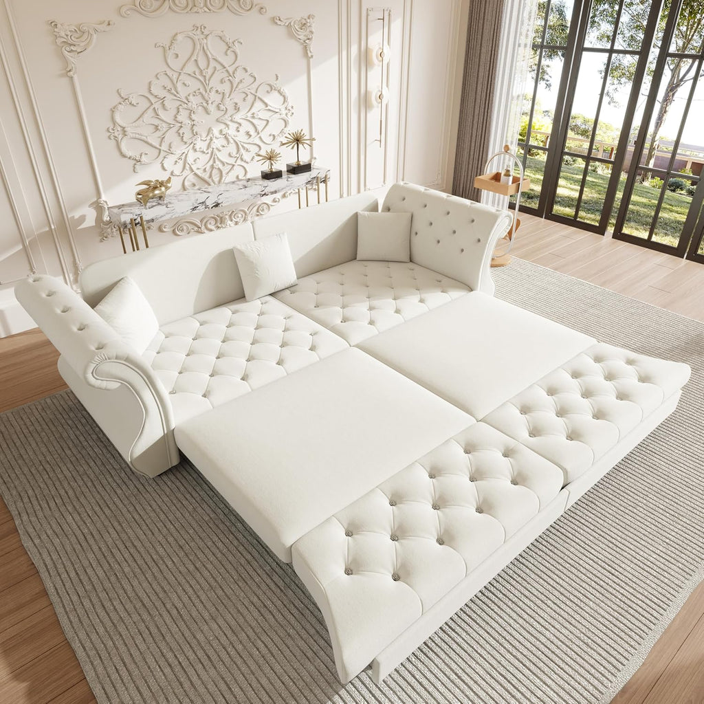 Sleeper Sofa Bed 100", Velvet Pull Out Couch, Flower Tufted Sofa, Beige