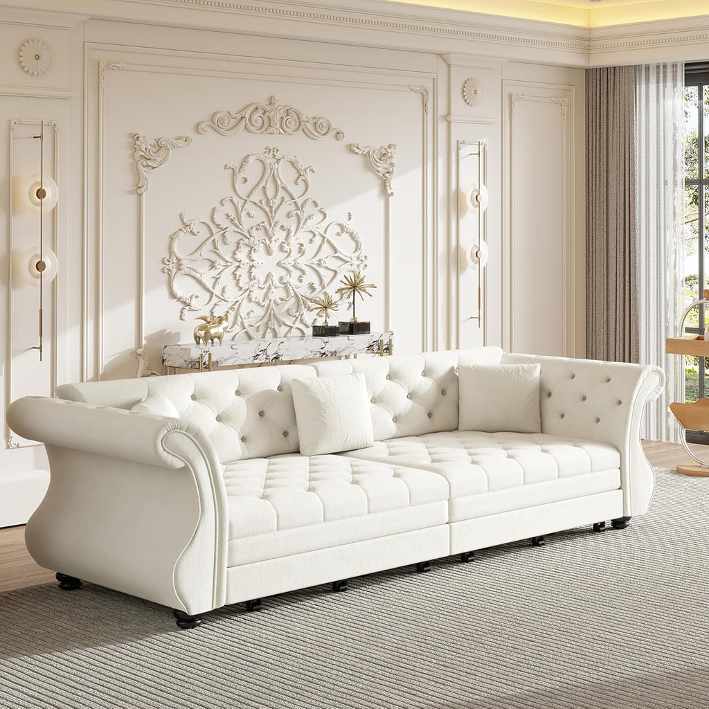Sleeper Sofa Bed 100", Velvet Pull Out Couch, Flower Tufted Sofa, Beige