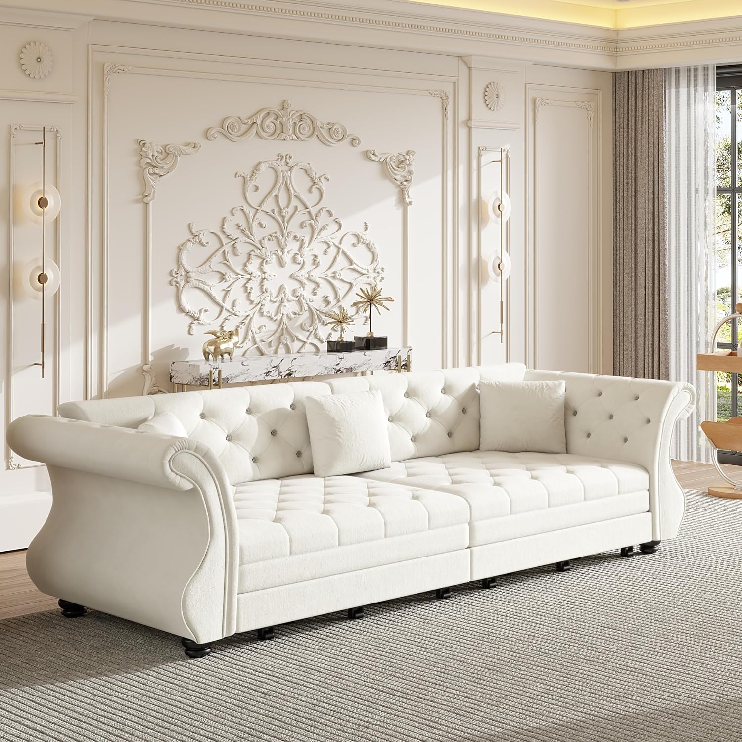 Sleeper Sofa Bed 100", Velvet Pull Out Couch, Flower Tufted Sofa, Beige