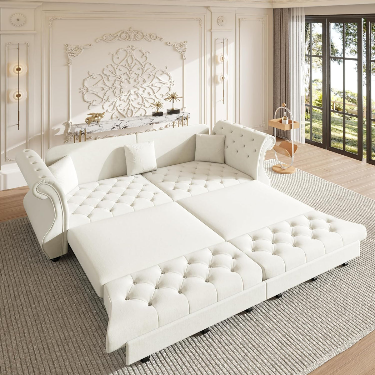 Sleeper Sofa Bed 100", Velvet Pull Out Couch, Flower Tufted Sofa, Beige