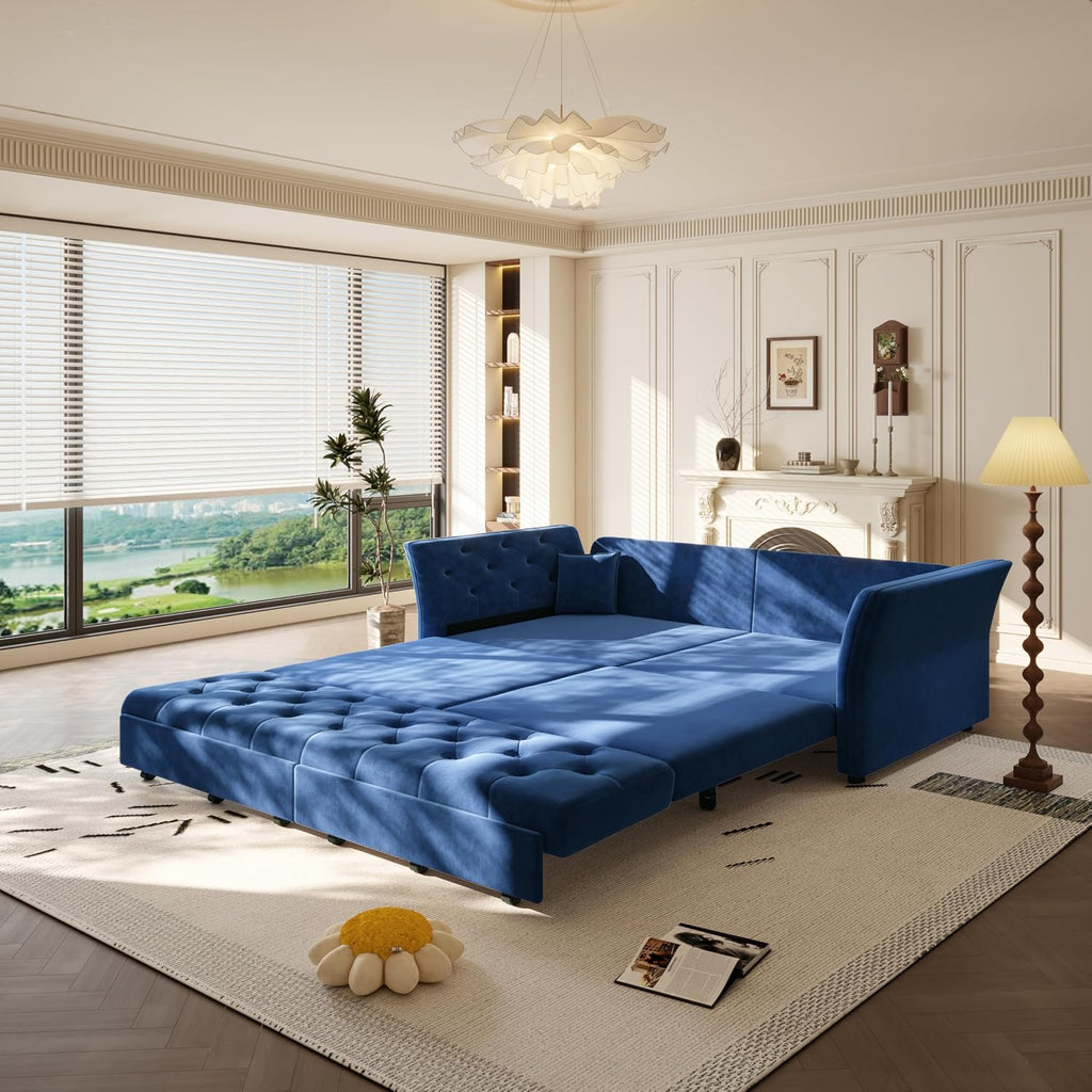 Sleeper Sofa Bed 100", Velvet Pull Out Couch, Flower Tufted Sofa, Blue