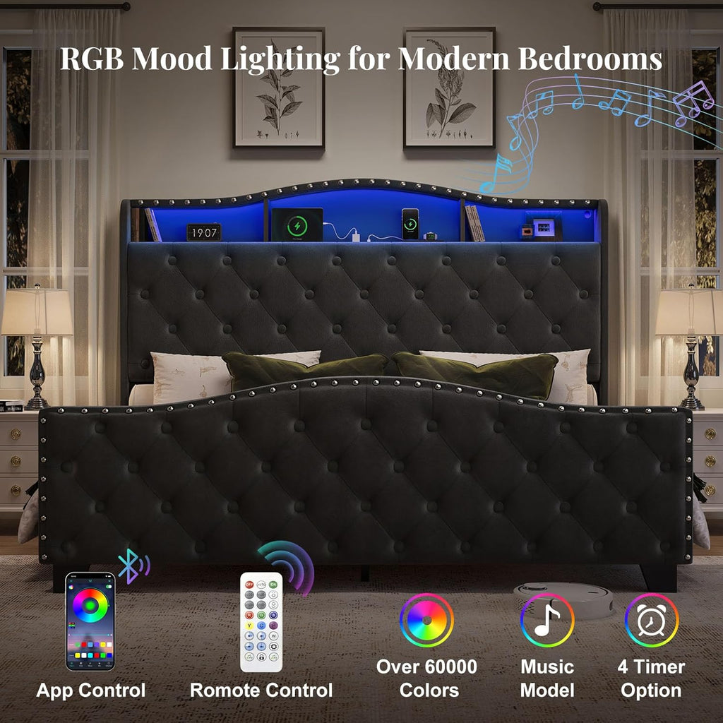 Platform Bed Frame with 50.9" LED Headboard, Queen Black