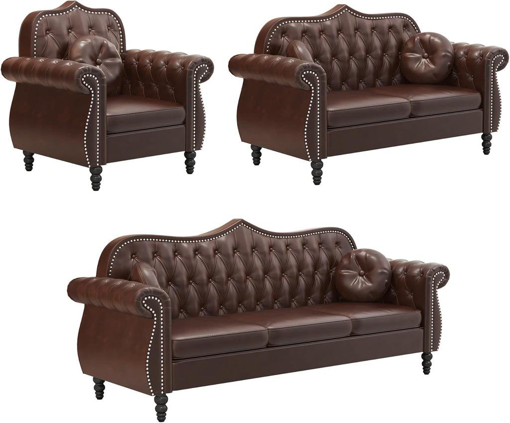 Chesterfield 3-Piece Living Room Sectional Sofa Set, Mid-Century Modern Upholstered PU Couch, Classic Tufted Button Sofa with Nailhead Trim for Living Room, Office (Brown)