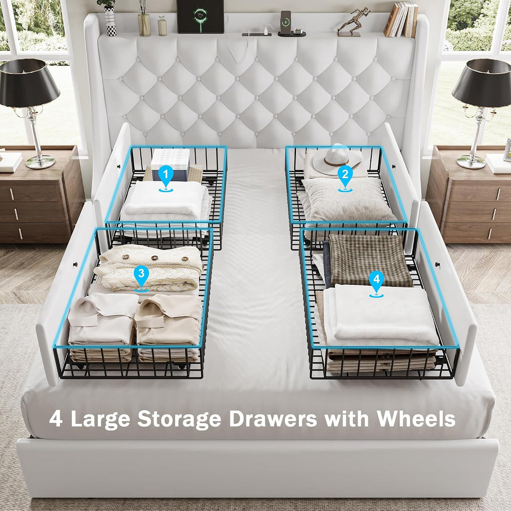 Queen Bed Frame with 4 Storage Drawers, Huge Upholstered Wingback Headboard, Fast Charging Station, No Box Spring Needed, Noise-Free, White