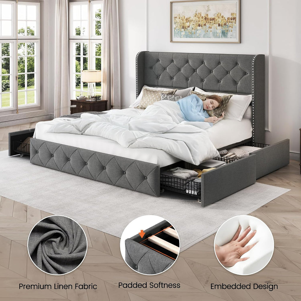 Queen Size Platform Bed Frame with 4 Storage Drawers and 47.2" Tall Tufted Headboard Linen Upholstered Bed Wingback Bed Frame with Wooden Slats Support, Easy Assembly, Light Grey