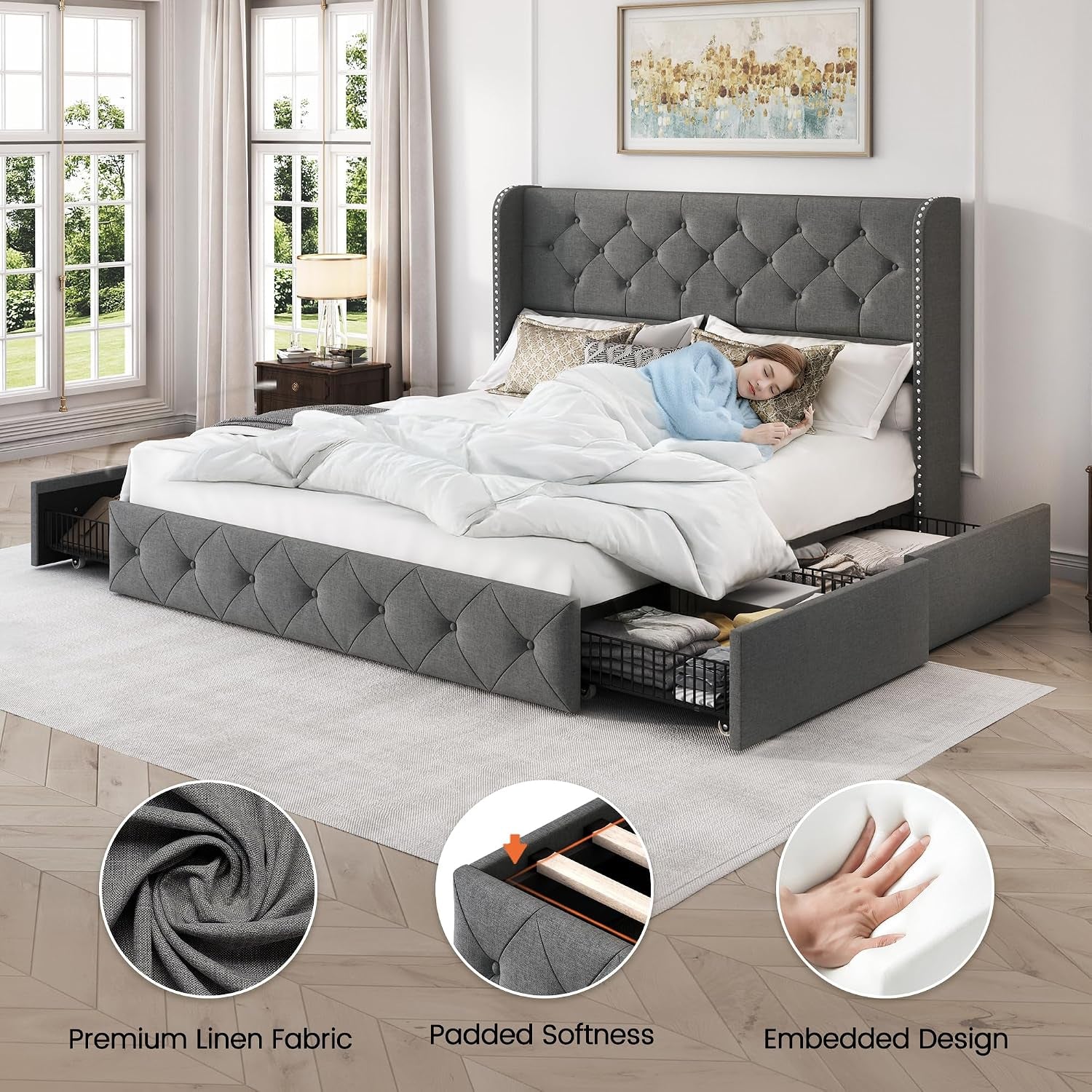 Queen Size Platform Bed Frame with 4 Storage Drawers and 47.2" Tall Tufted Headboard Linen Upholstered Bed Wingback Bed Frame with Wooden Slats Support, Easy Assembly, Light Grey