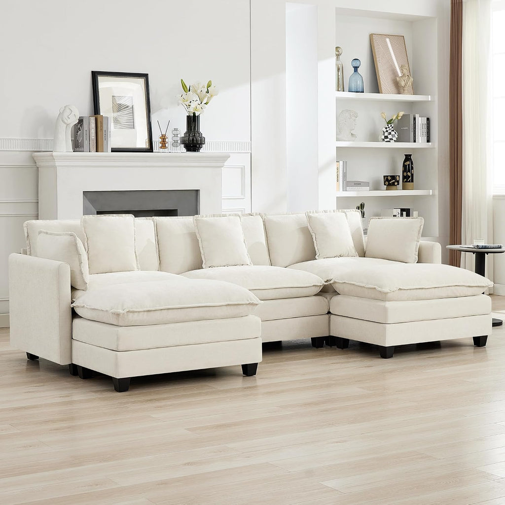111'' Sectional Cloud Deep Seat Couch, Oversized Chenille U Shaped Sectional Sofa for Living Room Set, Comfy Upholstered Modular 5-Seats Sectional Sofa Couch with 2 Movable Ottoman, Beige