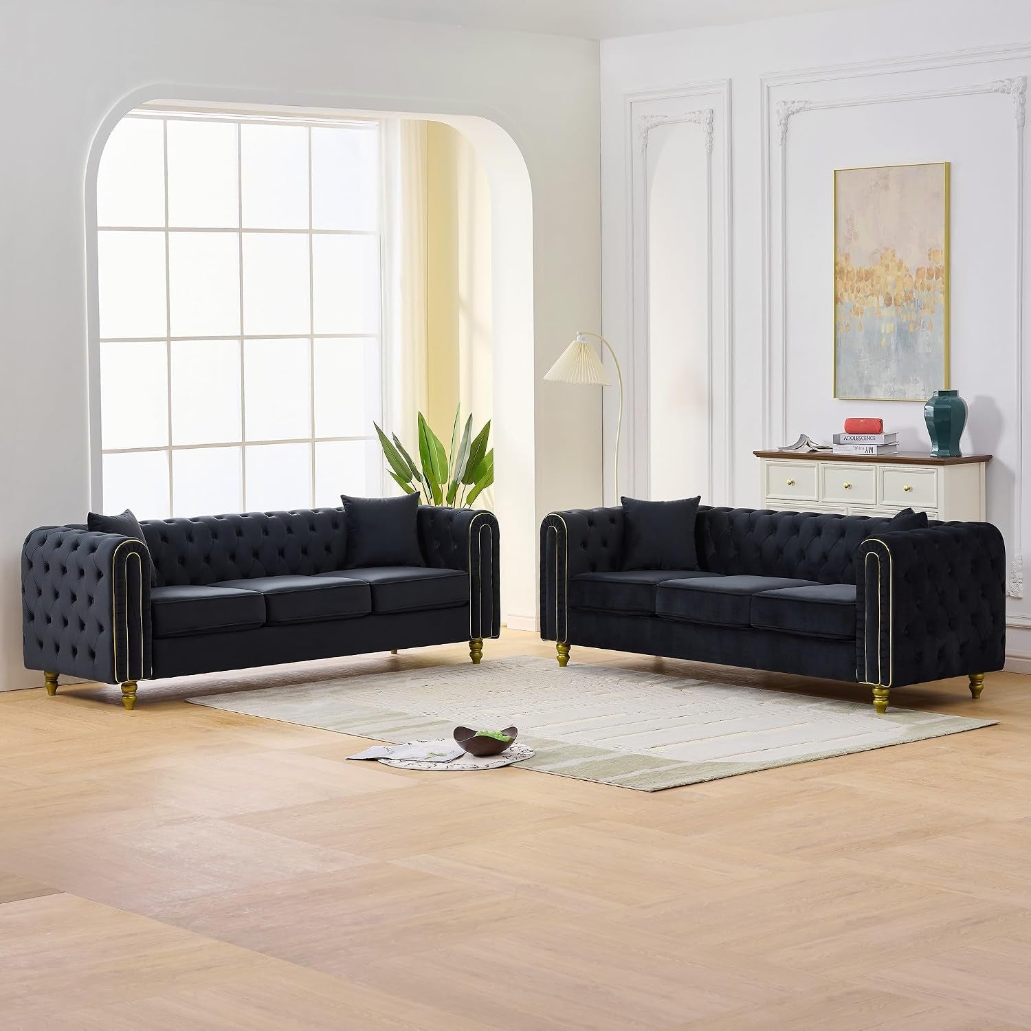 Velvet Chesterfield Button Tufted Sofa Set, 2 Pcs Modern 3 Seater Couch with Golden Legs & High-Density Cushion, Upholstered Comfy Sofa with Pillows for Living Room, Black