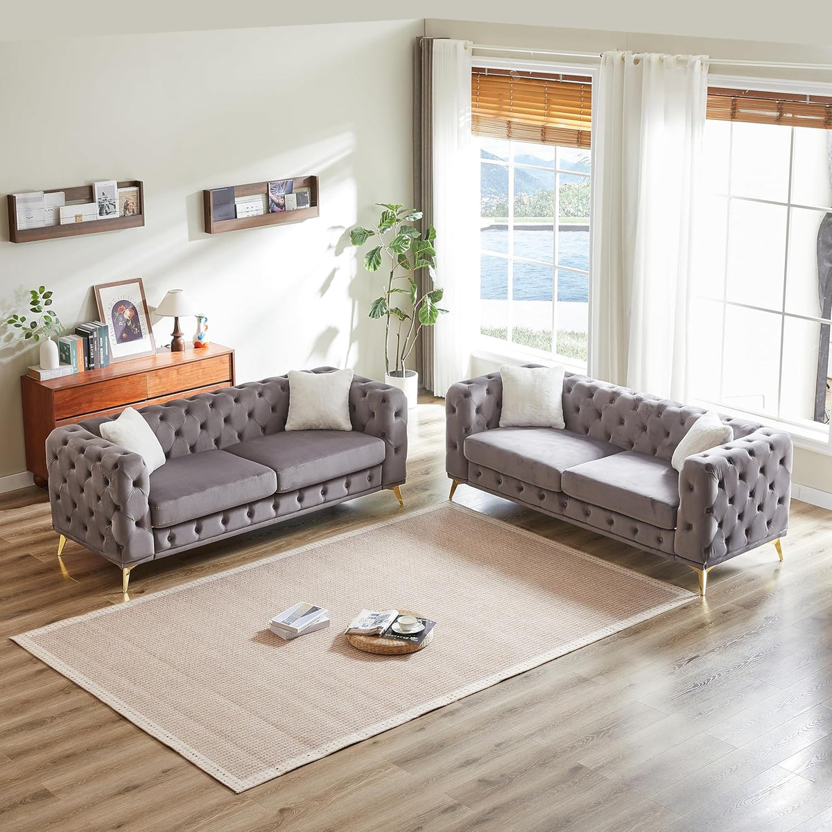 2-Piece Luxury Chesterfield Sofa Set with 2 Velvet 3-Seater Sofa, Mid-Century 6-Seater Tufted Buttons Couch Set with 4 Pillows & High-Density Foam Cushions, Easy Assembly, for Living Room, Grey