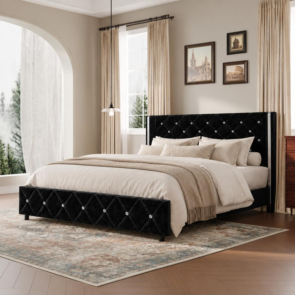 Queen Bed Frame with Silverside Wingback Headboard, Black
