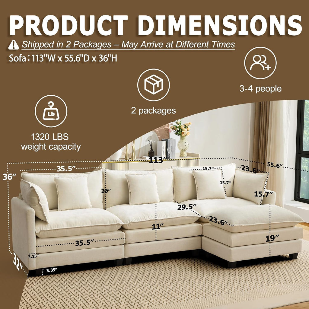 113" Modular Sectional Sofa, L Shaped Cloud Couch with Ottoman
