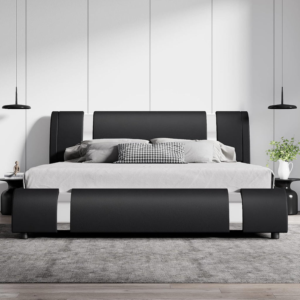 King Bed Frame with Iron Pieces Decor, Faux Leather, Black