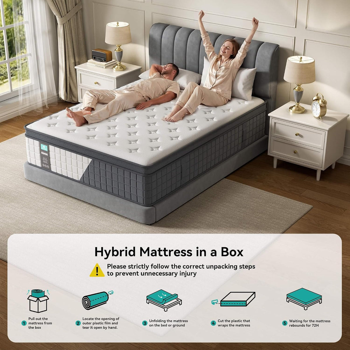 Queen 14 Inch Hybrid Mattress, Medium Firm, 7-Zone Lumbar Support in a Box