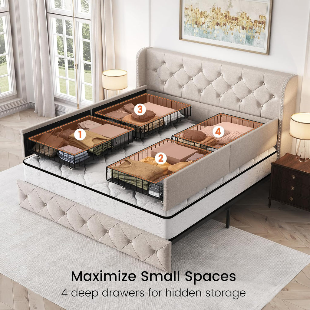 Queen Size Bed Frame with 4 Storage Drawers and 47.2" Tall Tufted Headboard Linen Upholstered Platform Bed Frame Wingback Beds with Wooden Slats Support, Easy Assembly, Beige