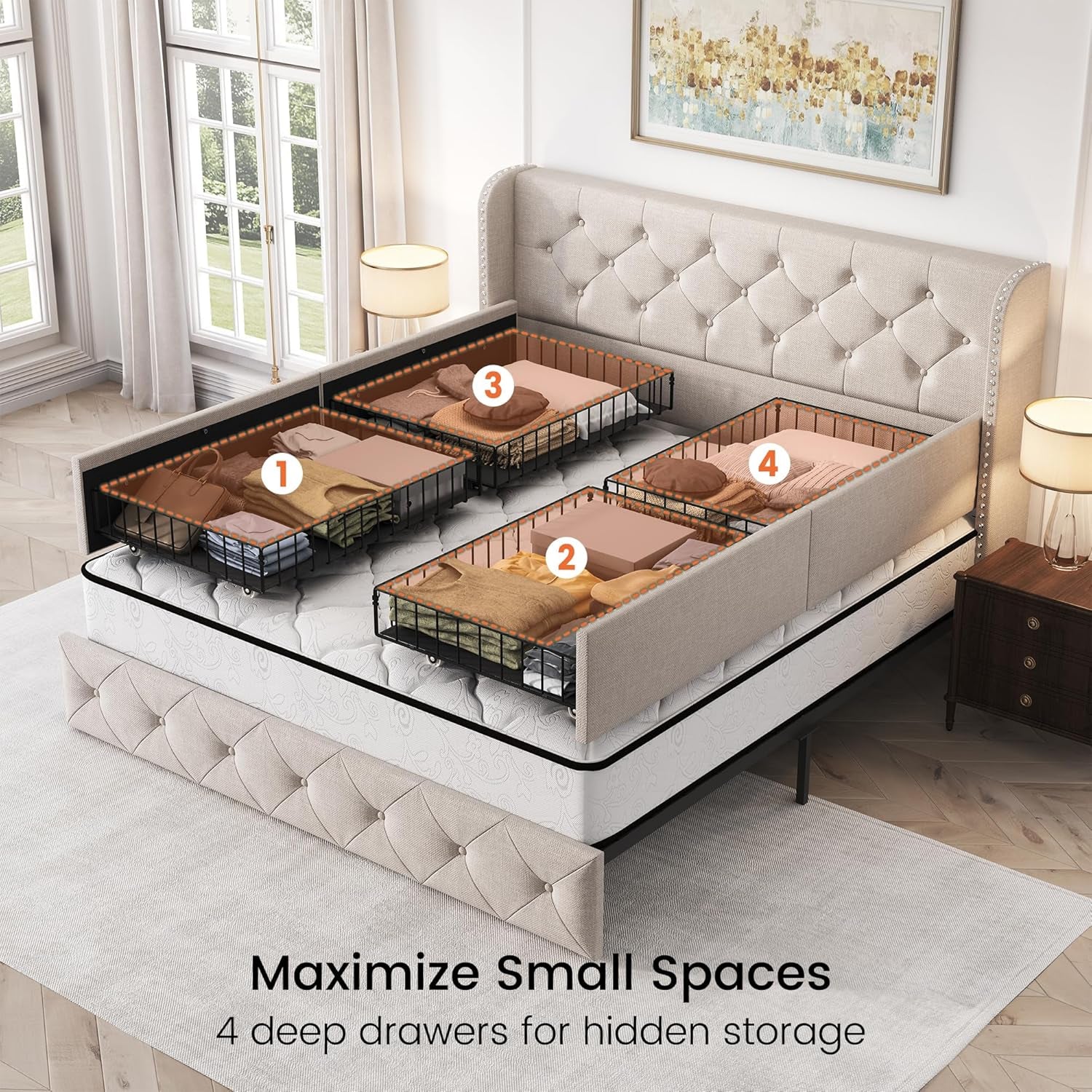 Queen Size Bed Frame with 4 Storage Drawers and 47.2" Tall Tufted Headboard Linen Upholstered Platform Bed Frame Wingback Beds with Wooden Slats Support, Easy Assembly, Beige