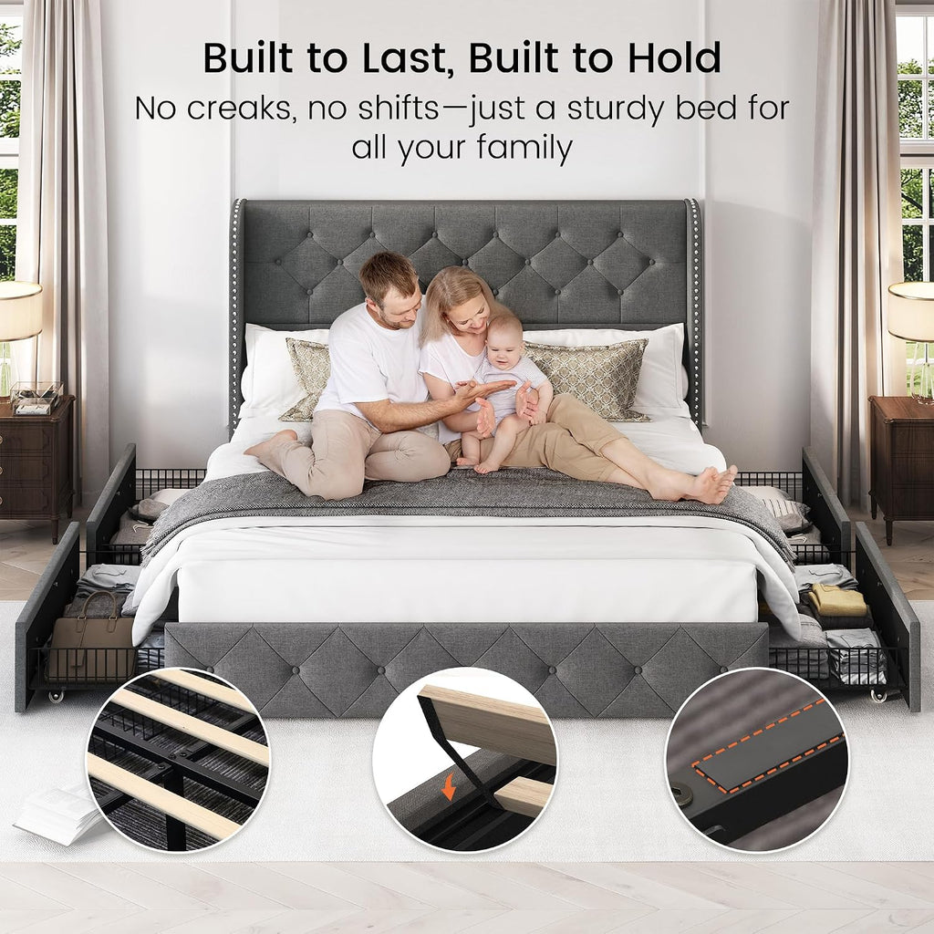 Queen Size Platform Bed Frame with 4 Storage Drawers and 47.2" Tall Tufted Headboard Linen Upholstered Bed Wingback Bed Frame with Wooden Slats Support, Easy Assembly, Light Grey