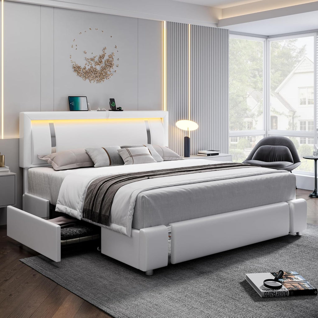 King Size Bed Frame with RGB LED Lights & 2 Storage Drawers, Modern Upholstered Platform Bed with Iron Metal Decor, USB Charging Ports, White