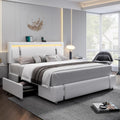 King Size Bed Frame with RGB LED Lights & 2 Storage Drawers, Modern Upholstered Platform Bed with Iron Metal Decor, USB Charging Ports, White