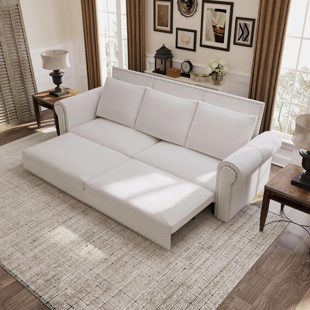 3 in 1 Convertible Sleeper Sofa Bed, 93.7" King Size Sofa Sleeper with Pull Out Bed, Velvet Folding Loveseat Sofa 3-Seater with Deep Seat, Nailhead Trim & Rolled Arm for Living Room (Beige)