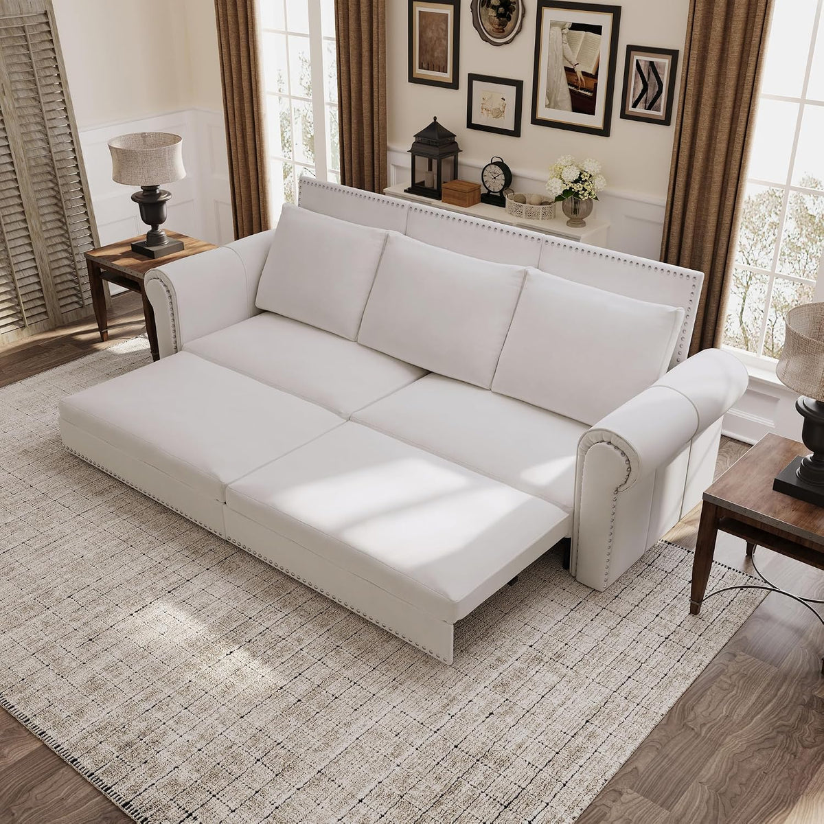 3 in 1 Convertible Sleeper Sofa Bed, 93.7" King Size Sofa Sleeper with Pull Out Bed, Velvet Folding Loveseat Sofa 3-Seater with Deep Seat, Nailhead Trim & Rolled Arm for Living Room (Beige)