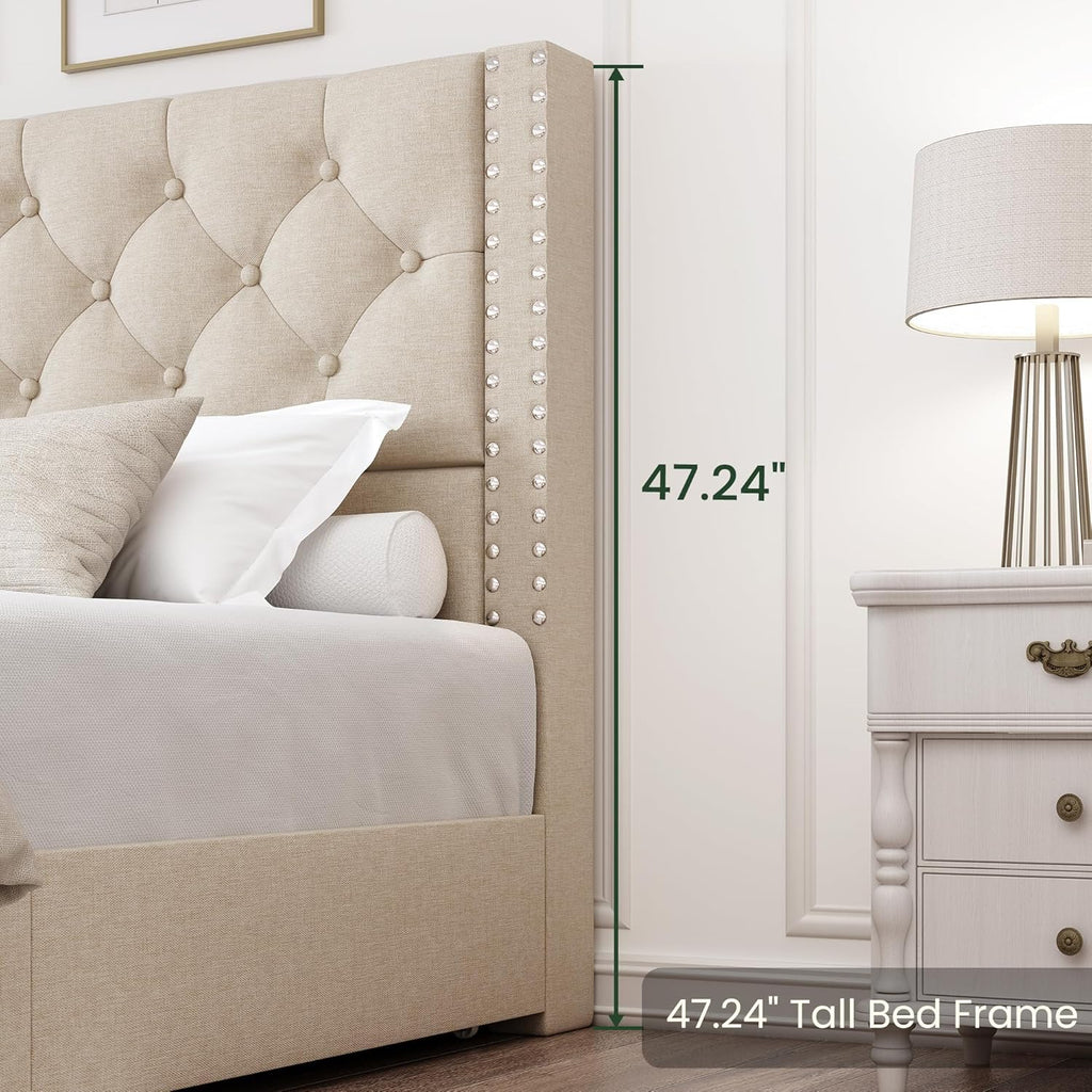 Queen Size Bed Frame with 4 Storage Drawers and Tufted Headboard Linen Upholstered Platform Bed Frame with Heavy Duty Wood Slats, No Box Spring Needed, Easy Assembly, Beige