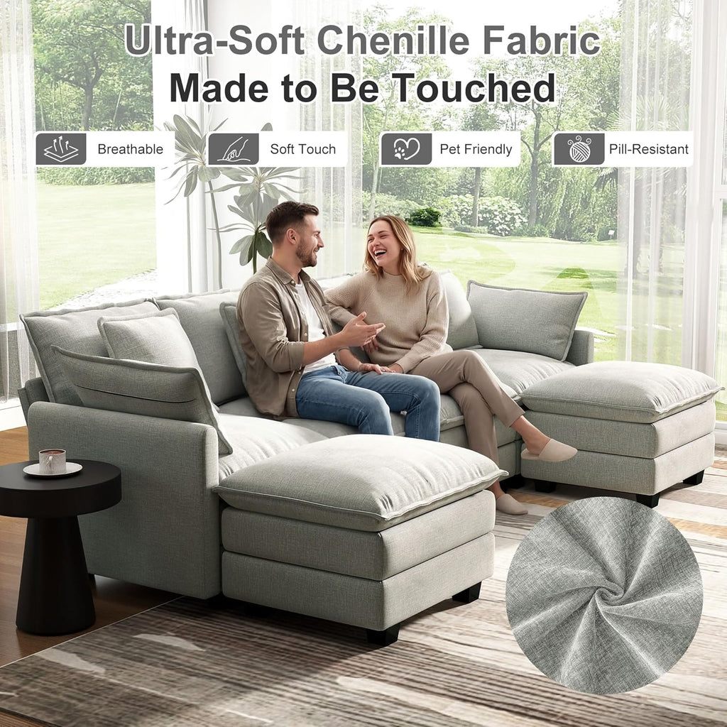 107" Cloud Couch Sectional Modular Sofa, Deep Seat Couches with Ottoman and Removable Washable Pillows for Living Room, Bedroom, Apartment, Light Grey