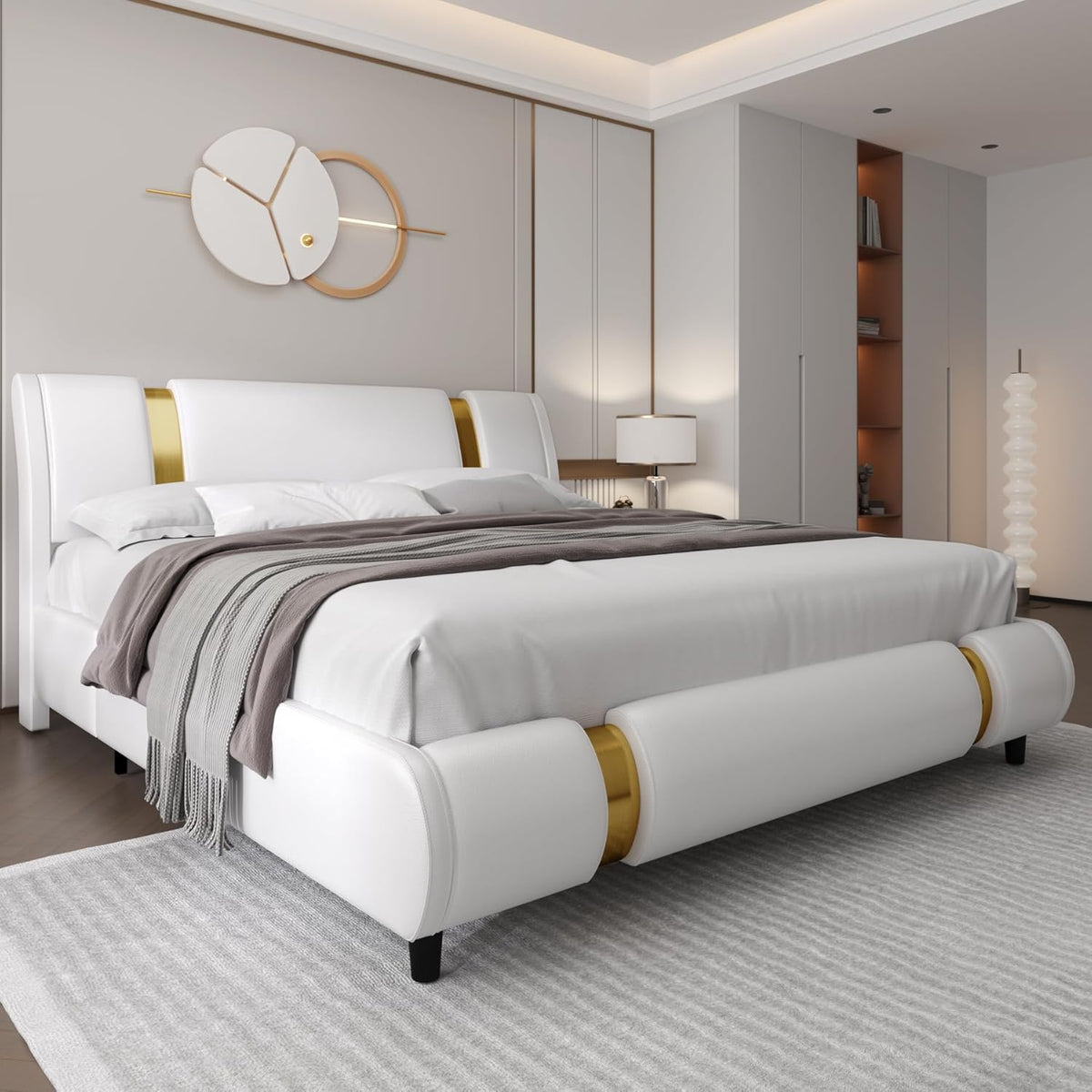 Modern Faux Leather Upholstered Platform Bed Frame with Golden Iron Metal Decor, Adjustable Curved Headboard, Wooden Slats Support, No Box Spring Needed, King Size, White